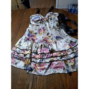 Medium KLD Signature Ruffle Tank Strap VCut Silky Floral Ruffle Hem Mini Dress